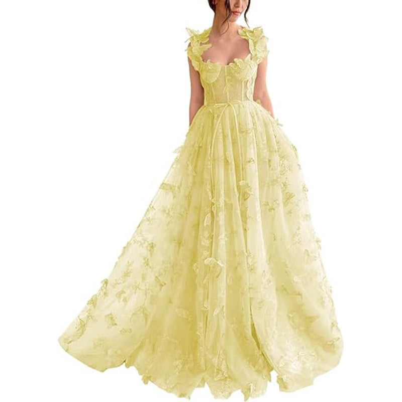 Spaghetti Strap Flower Fairy High-End Gown Banquet Party Elegant Evening Dress