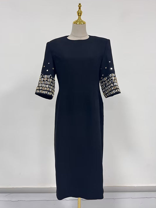 Crew Neck Sequined Short Sleeved Dress Spring High Grade Waist Slimming Beautiful Dress Women
