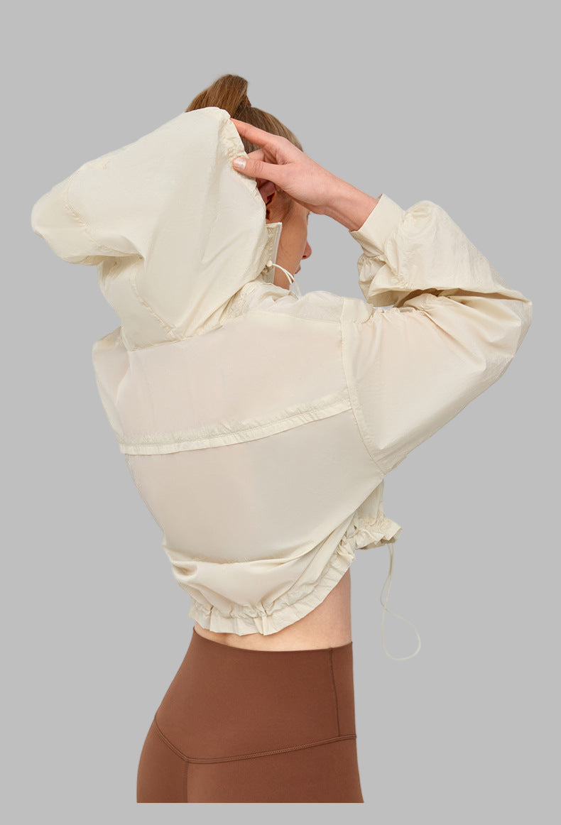 High Grade Sun Protective Loose Short Breathable Long Sleeve Hooded Ruched Jacket