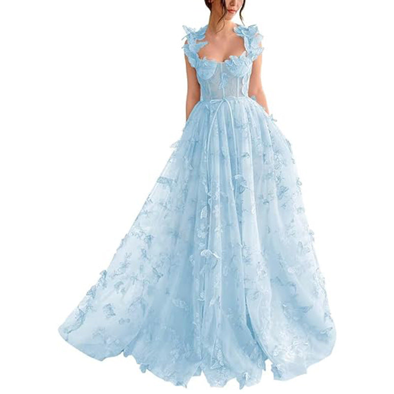 Spaghetti Strap Flower Fairy High-End Gown Banquet Party Elegant Evening Dress