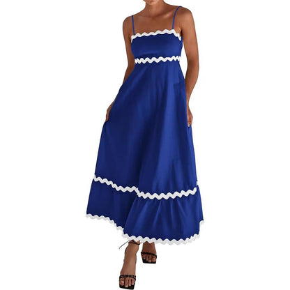 Women's long sleeveless dress with suspenders and pleated lace