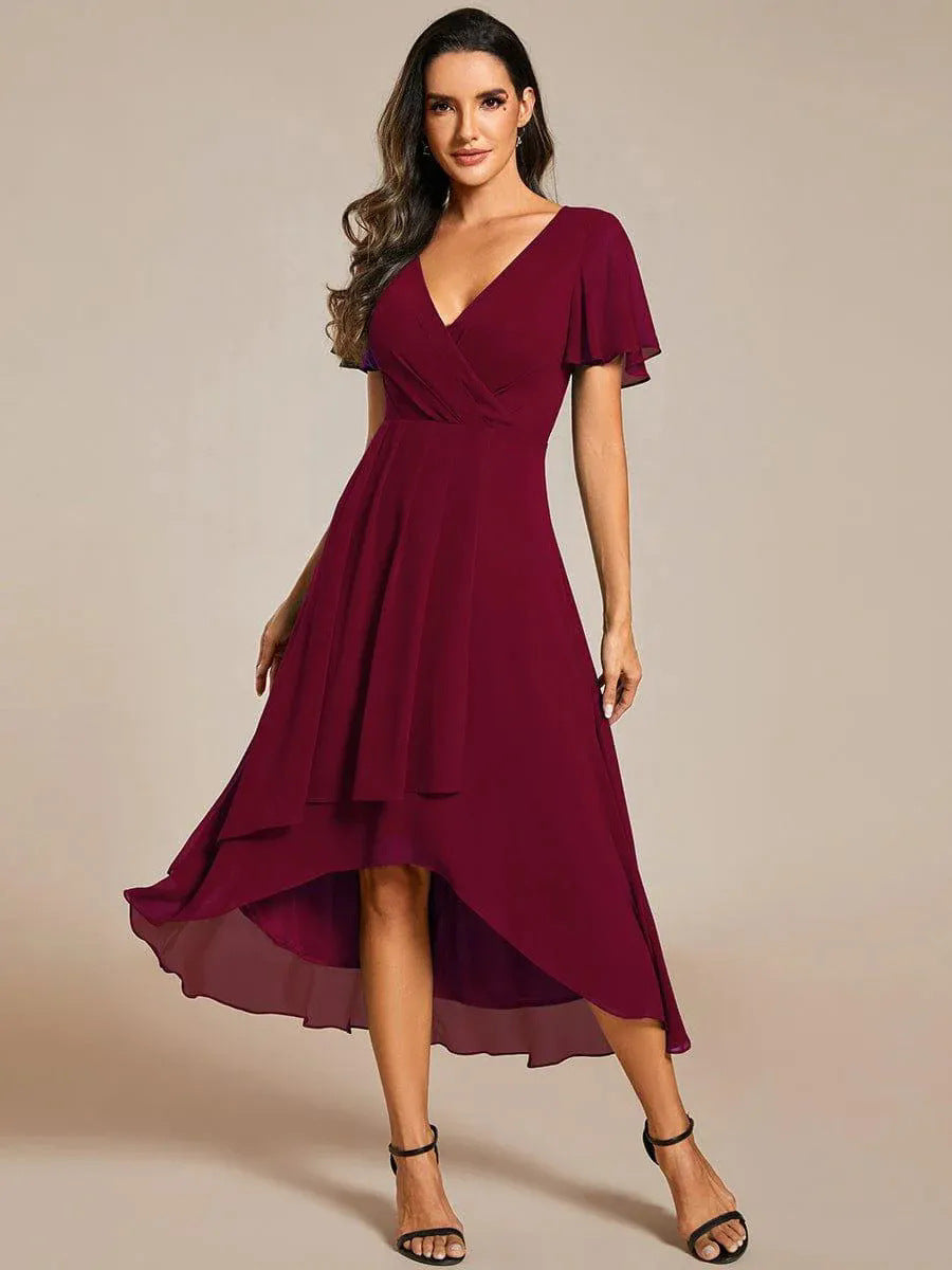 Ruffle Sleeve Pleated Midi Dress - V-Neck A-Line