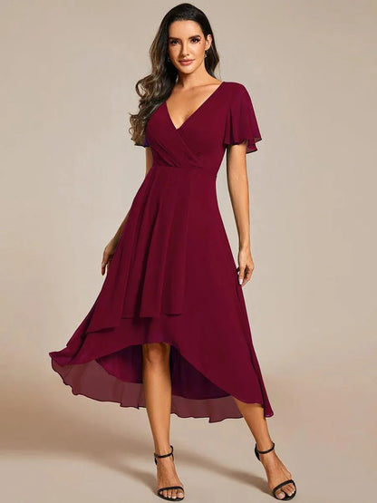 Ruffle Sleeve Pleated Midi Dress - V-Neck A-Line