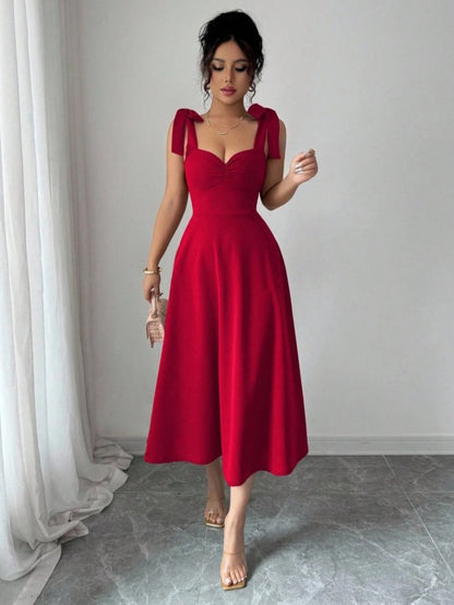 Spring Summer Solid Color Tied Dress Waist Slimming Elegant Graceful Maxi Dress