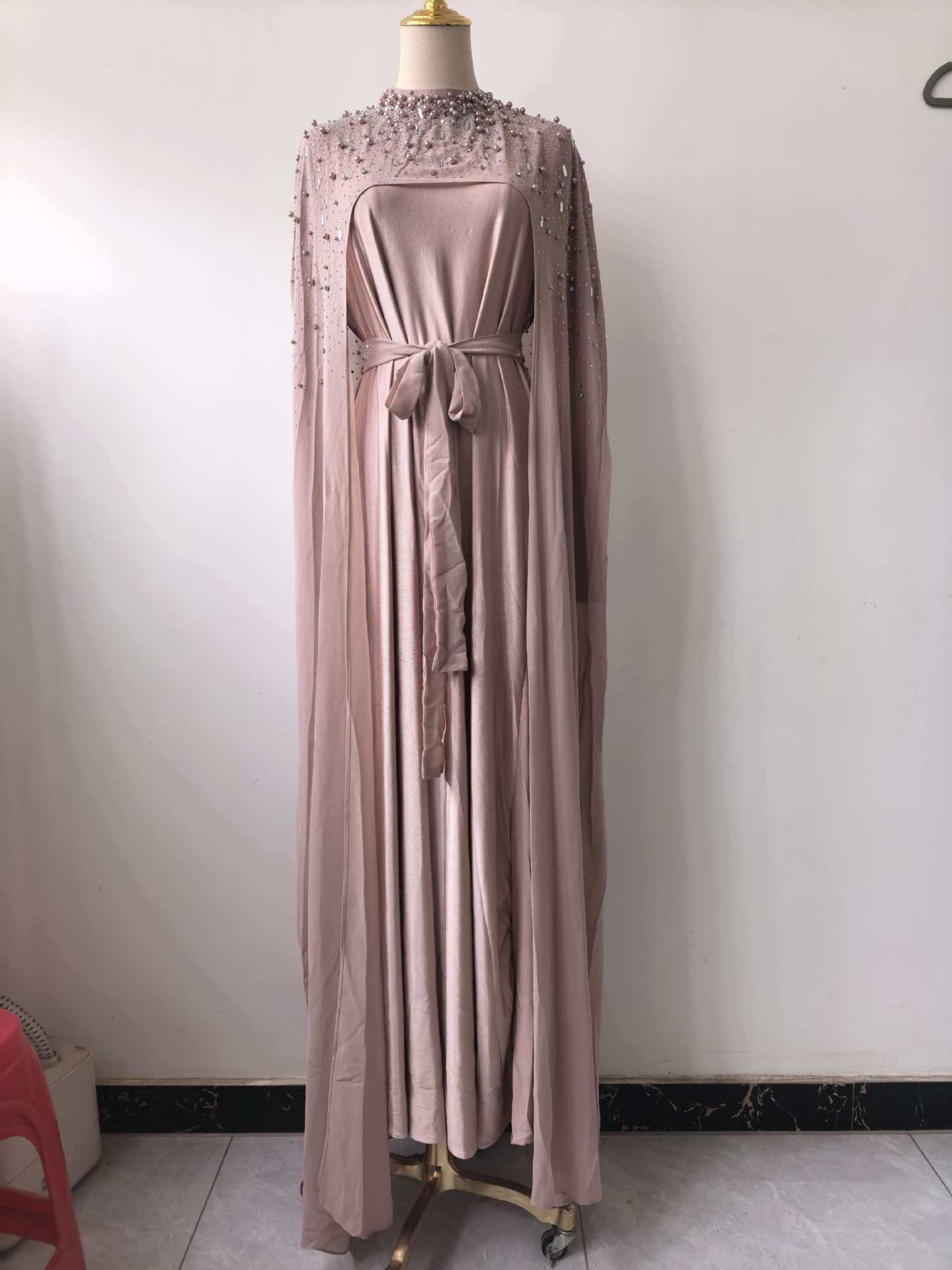 Spring Elegant Retro Exquisite Rhinestone Cape Shawl High Waist Slimming Dress