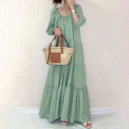 Fresh Square Collar Puff Sleeve Floor Fairy Dress
