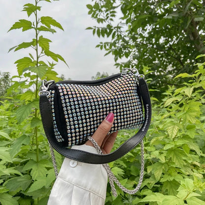 Rhinestone Square Pouch | Full Diamond Underarm Bag & Chain Shoulder Crossbody (Small Handbag, Japanese & Korean Style)