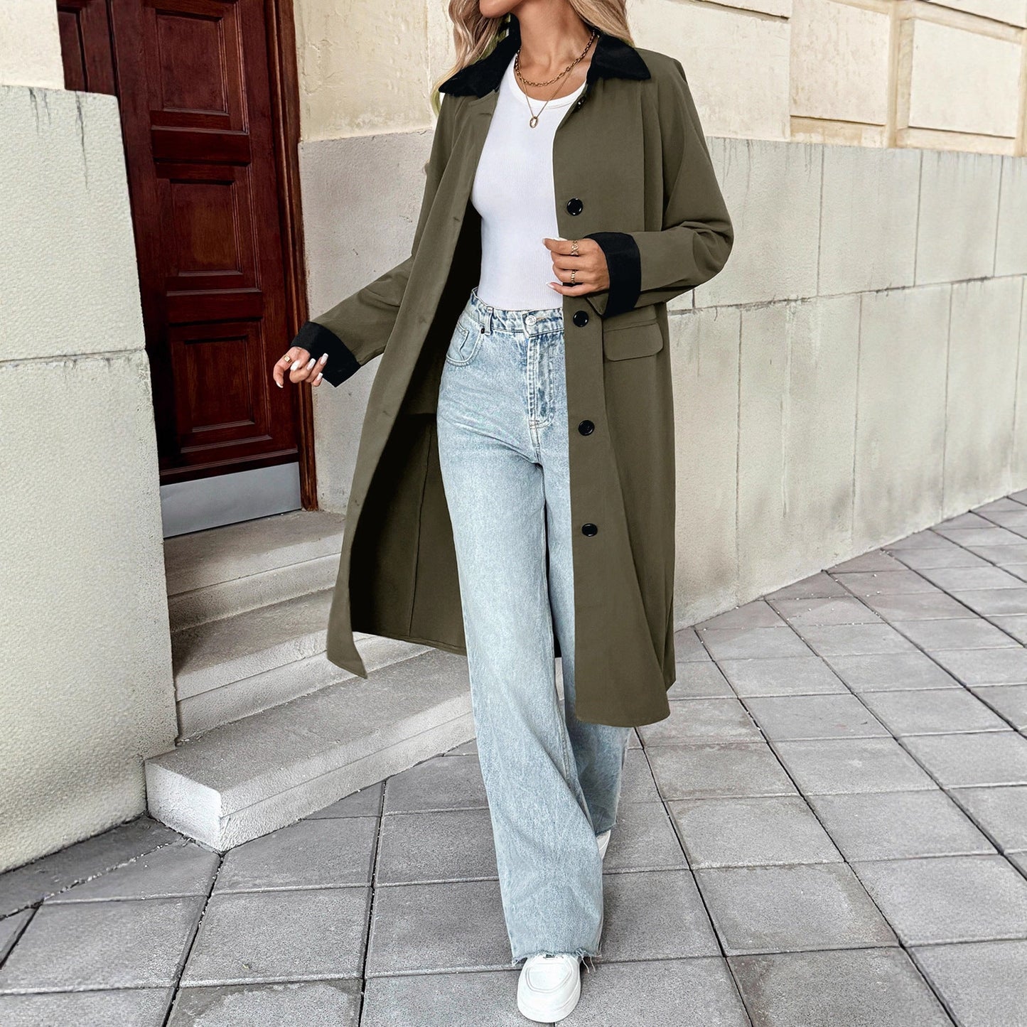 Women's Style Extended Single-breasted Lapel Color Matching Coats