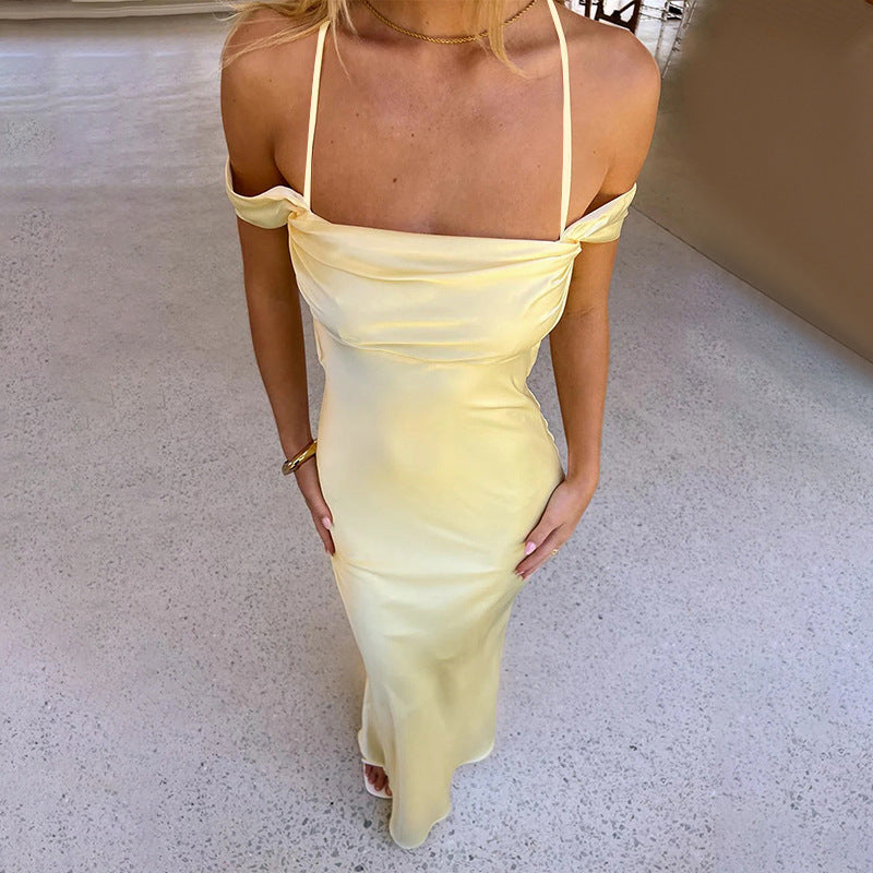 Strap Satin off Shoulder Evening Dress Backless Sexy Dress