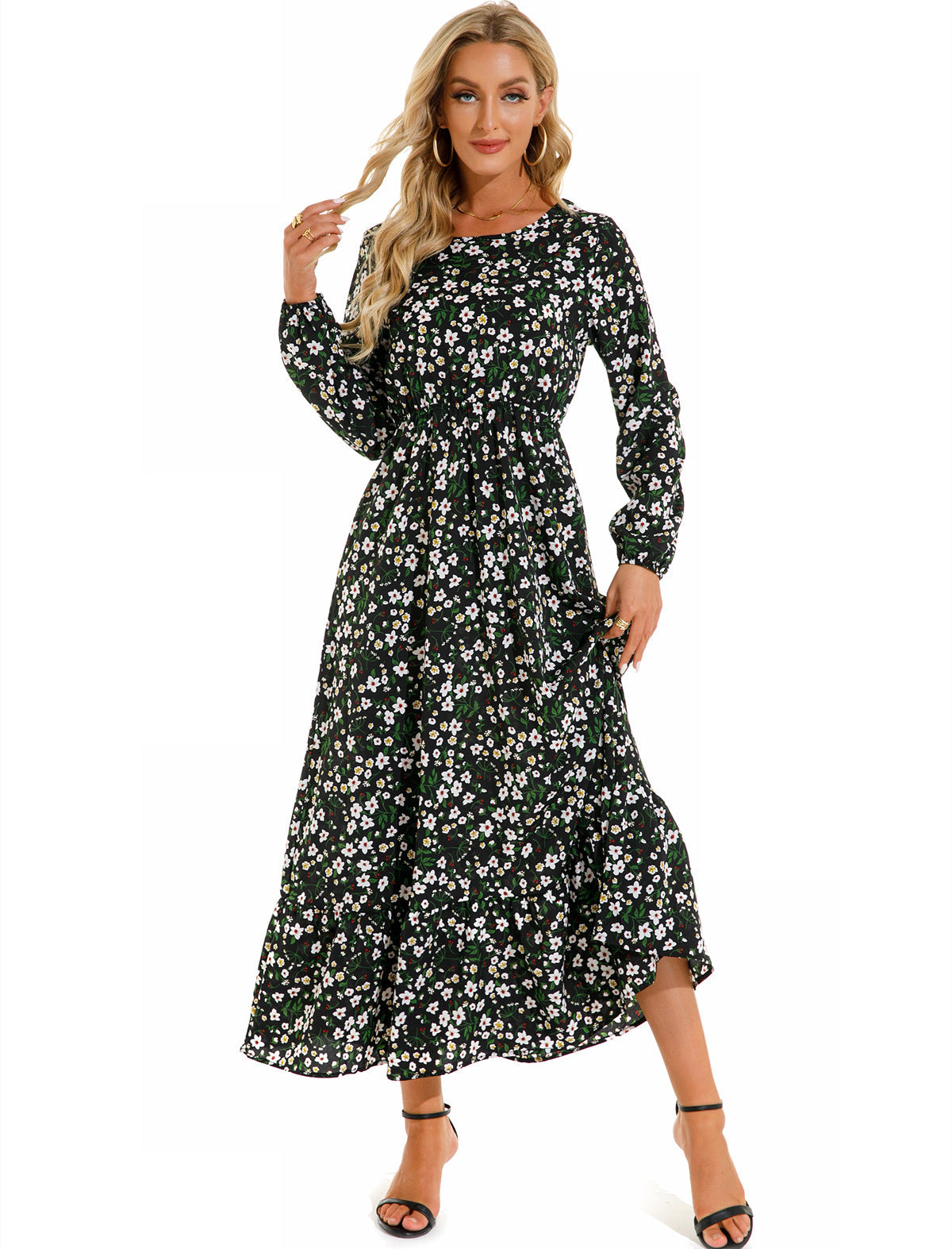 Spring and Autumn floral chiffon dress waist thin long sleeve round neck long printed skirt