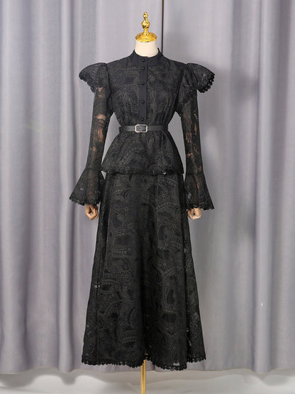 Spring French Cutout Lace Stitching Court Waist Slimming Elegant Dress for Women