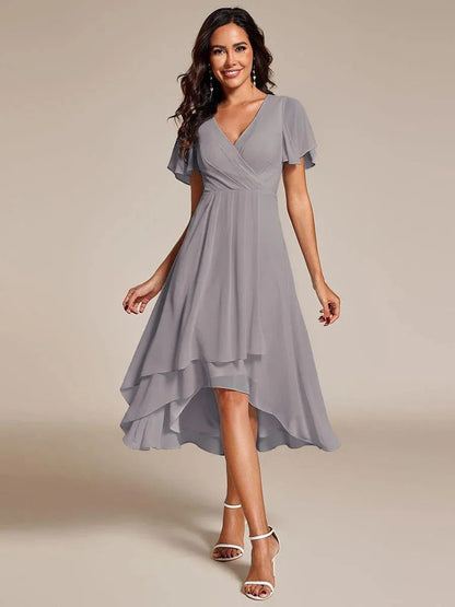 Ruffle Sleeve Pleated Midi Dress - V-Neck A-Line