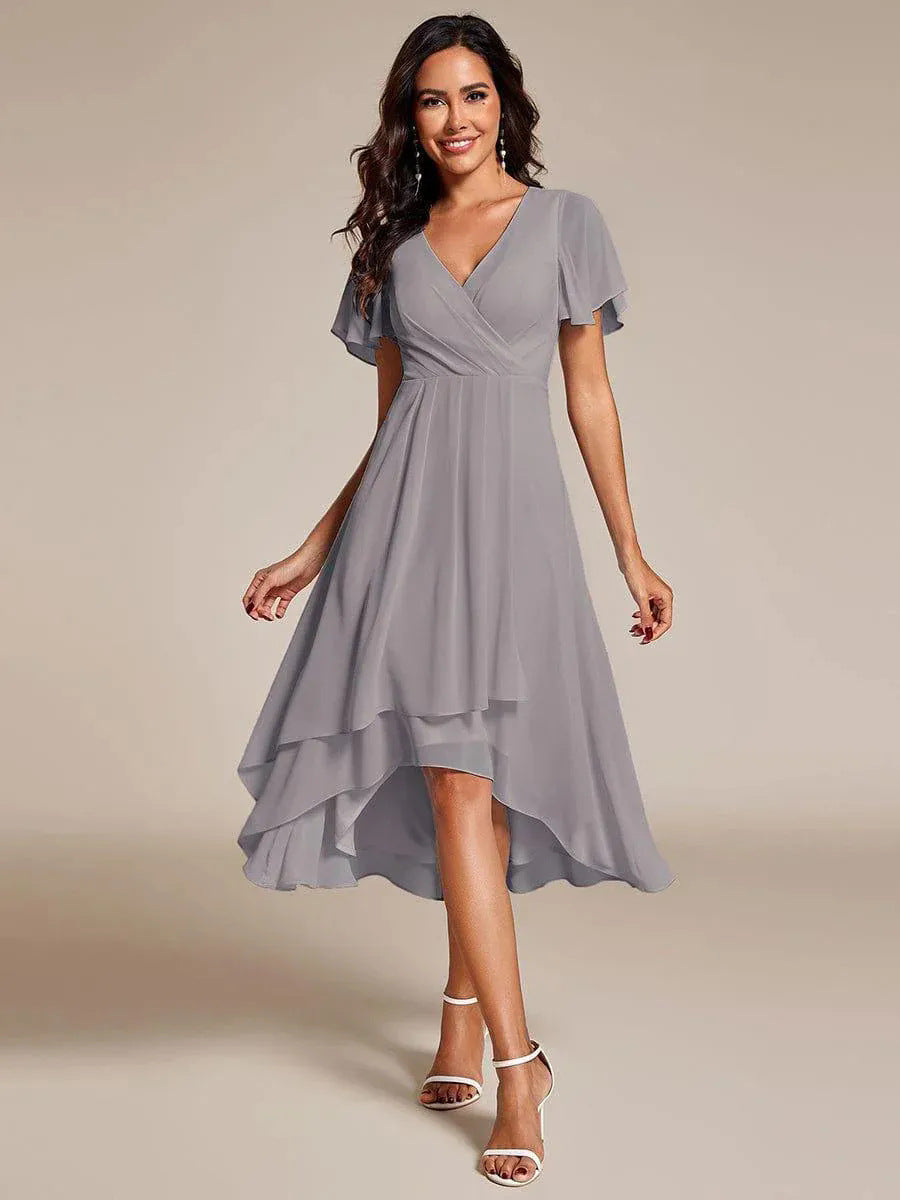 Ruffle Sleeve Pleated Midi Dress - V-Neck A-Line