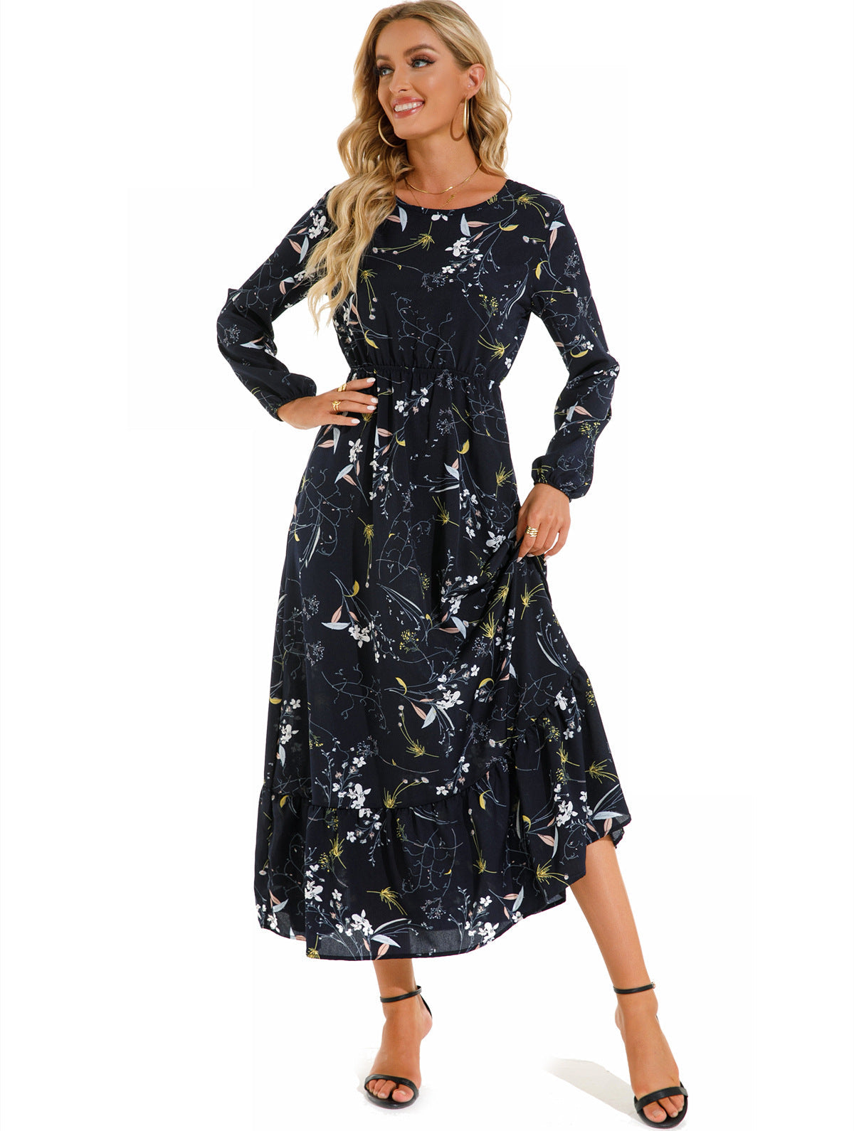 Spring and Autumn floral chiffon dress waist thin long sleeve round neck long printed skirt