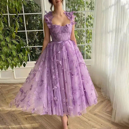 Spaghetti Strap Flower Fairy High-End Gown Banquet Party Elegant Evening Dress