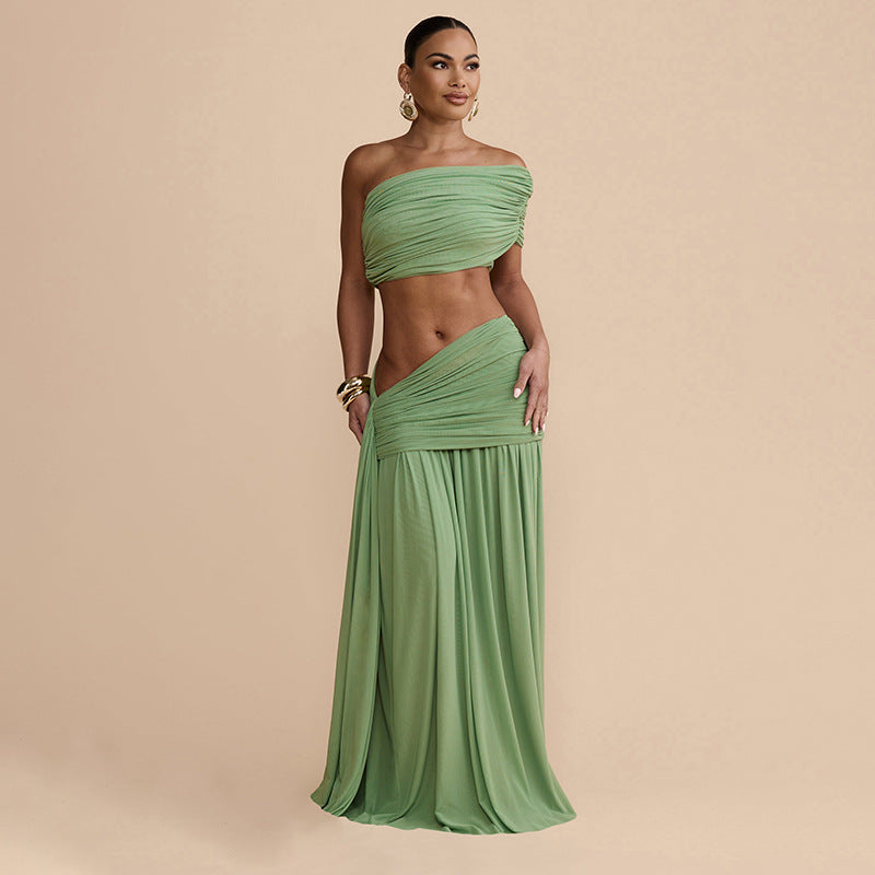 Women Clothing Spring Sexy Solid Color Tube Top Vest Slim Ribbon Pleated Skirt Sets