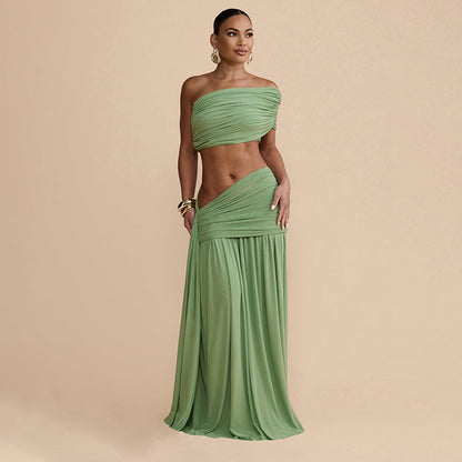 Women Clothing Spring Sexy Solid Color Tube Top Vest Slim Ribbon Pleated Skirt Sets