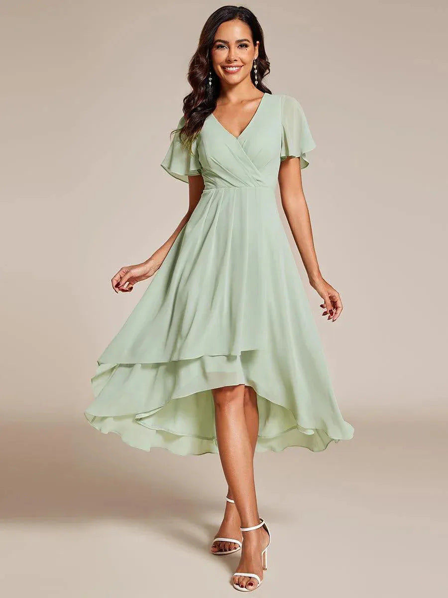Ruffle Sleeve Pleated Midi Dress - V-Neck A-Line