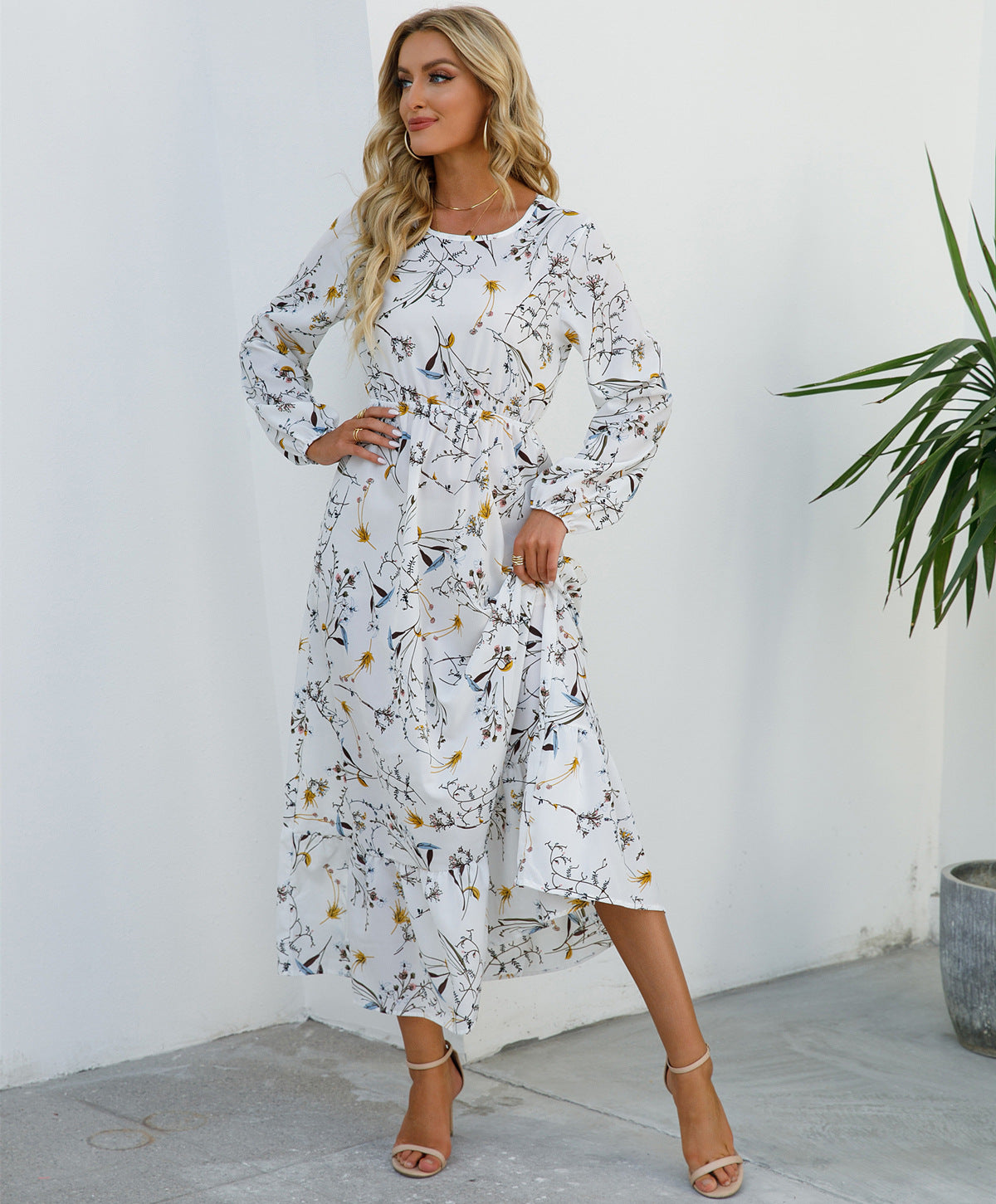 Spring and Autumn floral chiffon dress waist thin long sleeve round neck long printed skirt