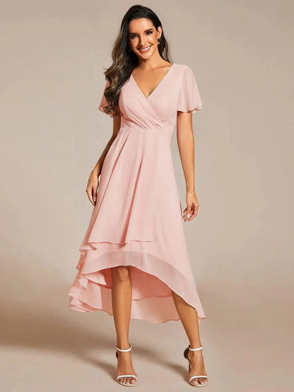 Ruffle Sleeve Pleated Midi Dress - V-Neck A-Line