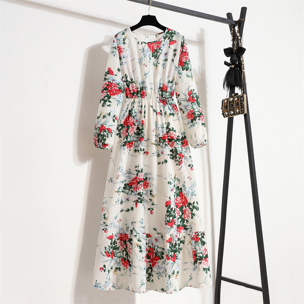 Spring and Autumn floral chiffon dress waist thin long sleeve round neck long printed skirt
