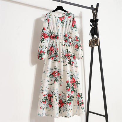 Spring and Autumn floral chiffon dress waist thin long sleeve round neck long printed skirt