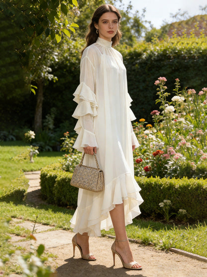 Spring High Neck Ruffled Maxi Dress Bell Sleeve Irregular Asymmetric Neck Loose Slimming Two Piece Dress