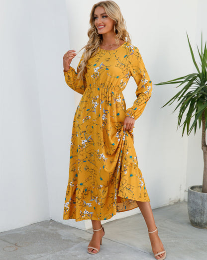Spring and Autumn floral chiffon dress waist thin long sleeve round neck long printed skirt
