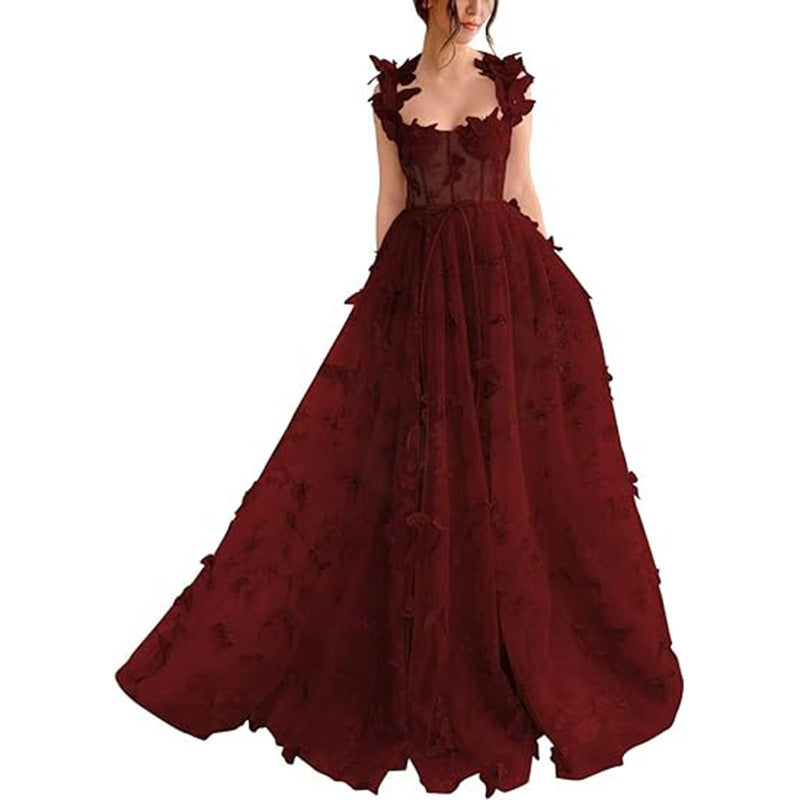 Spaghetti Strap Flower Fairy High-End Gown Banquet Party Elegant Evening Dress
