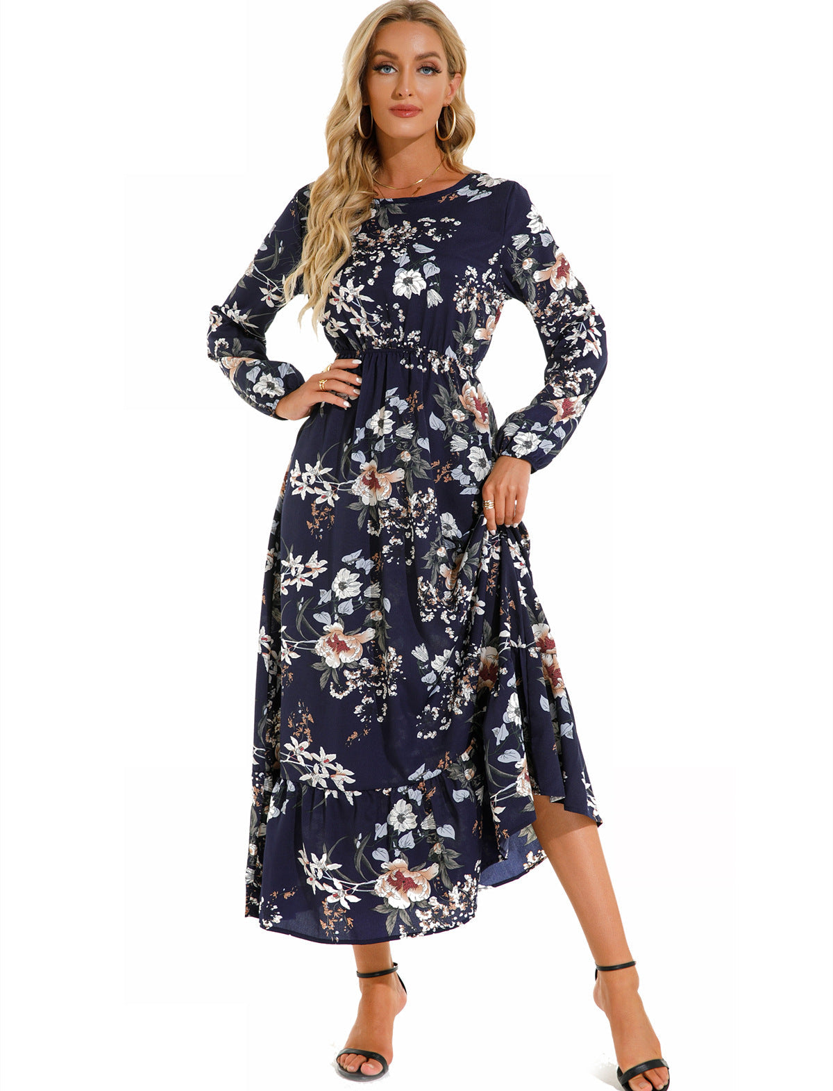 Spring and Autumn floral chiffon dress waist thin long sleeve round neck long printed skirt