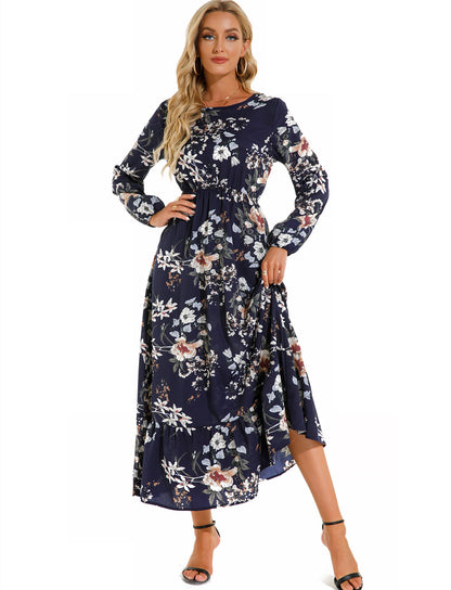Spring and Autumn floral chiffon dress waist thin long sleeve round neck long printed skirt