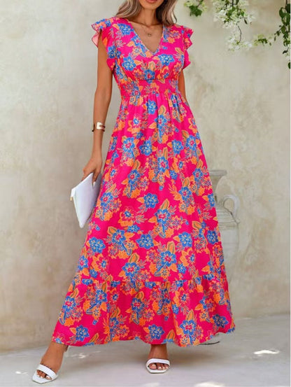 Summer seaside vacation fashion floral print sleeveless dress