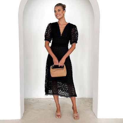 Dress skirt V-neck sexy waist solid color lace hollow dress