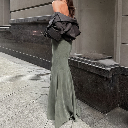 Autumn Winter Retro Silver Fox Velvet Green Slim High Waist Sheath Fishtail Skirt Elegant Casual Dress Women Clothing