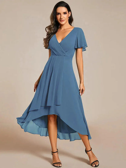Ruffle Sleeve Pleated Midi Dress - V-Neck A-Line