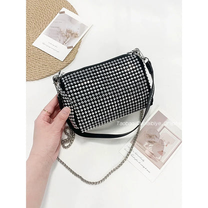 New Arrival Trendy Rhinestone Small Square Bag | Full Diamond Underarm Bag & Women's Chain Shoulder Crossbody Small Handbag (Japanese & Korean Style)