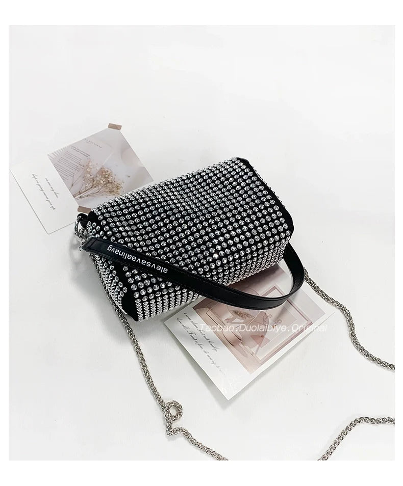 New Arrival Trendy Rhinestone Small Square Bag | Full Diamond Underarm Bag & Women's Chain Shoulder Crossbody Small Handbag (Japanese & Korean Style)