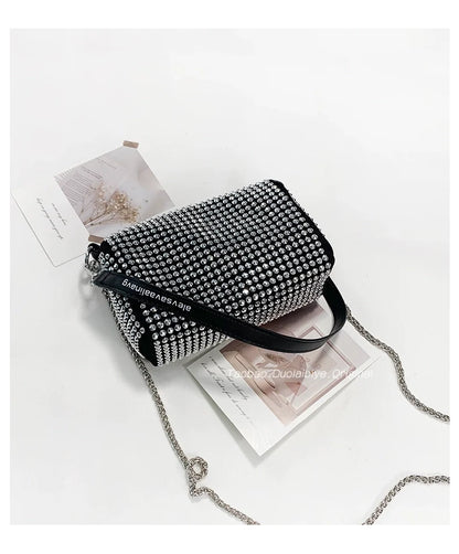 New Arrival Trendy Rhinestone Small Square Bag | Full Diamond Underarm Bag & Women's Chain Shoulder Crossbody Small Handbag (Japanese & Korean Style)