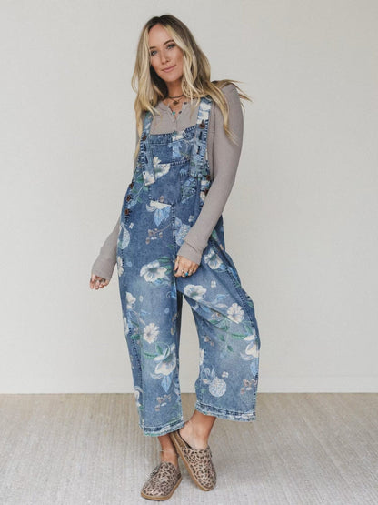 Street Trends Loose Printed Denim Jumpsuit