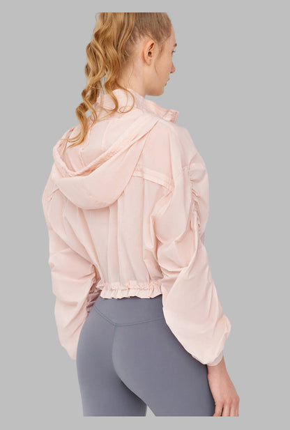 High Grade Sun Protective Loose Short Breathable Long Sleeve Hooded Ruched Jacket