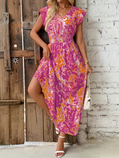 Summer seaside vacation fashion floral print sleeveless dress