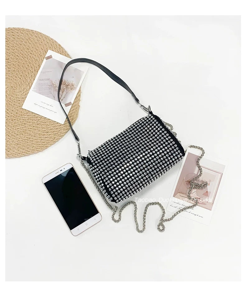 New Arrival Trendy Rhinestone Small Square Bag | Full Diamond Underarm Bag & Women's Chain Shoulder Crossbody Small Handbag (Japanese & Korean Style)