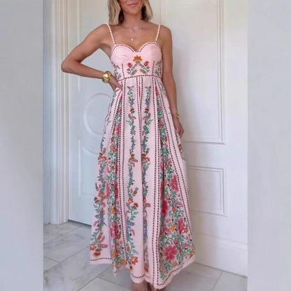 Sexy Decorative Beads Sling Positioning Print Holiday Dress Women