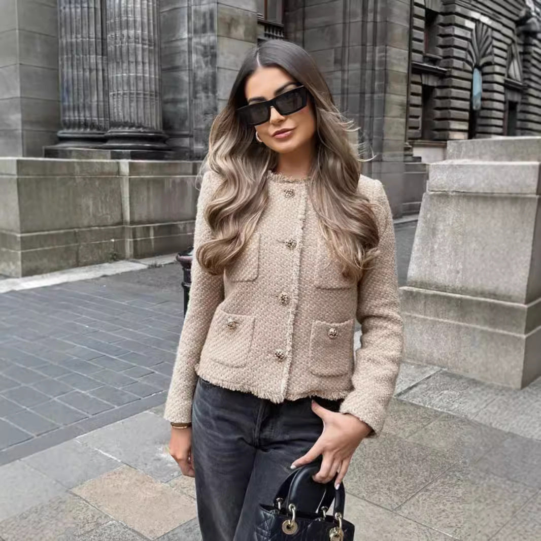 New Metal Button Pocket Woolen Breasted Coats