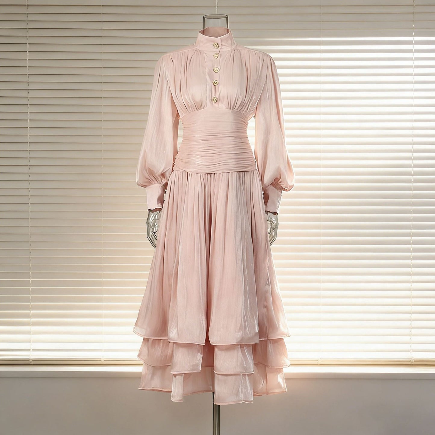 Spring Elegant Retro Lantern Sleeve Breasted Ruffled Maxi Dress Waist Slimming Dress
