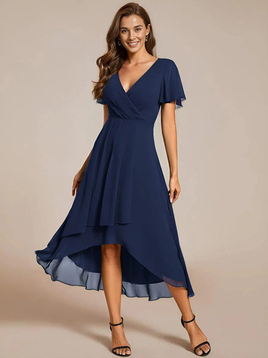 Ruffle Sleeve Pleated Midi Dress - V-Neck A-Line
