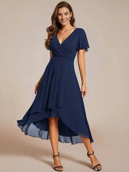 Ruffle Sleeve Pleated Midi Dress - V-Neck A-Line