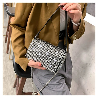 New Arrival Trendy Rhinestone Small Square Bag | Full Diamond Underarm Bag & Diamond-Embedded Women's Shoulder Crossbody Small Handbag