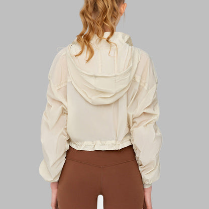 High Grade Sun Protective Loose Short Breathable Long Sleeve Hooded Ruched Jacket