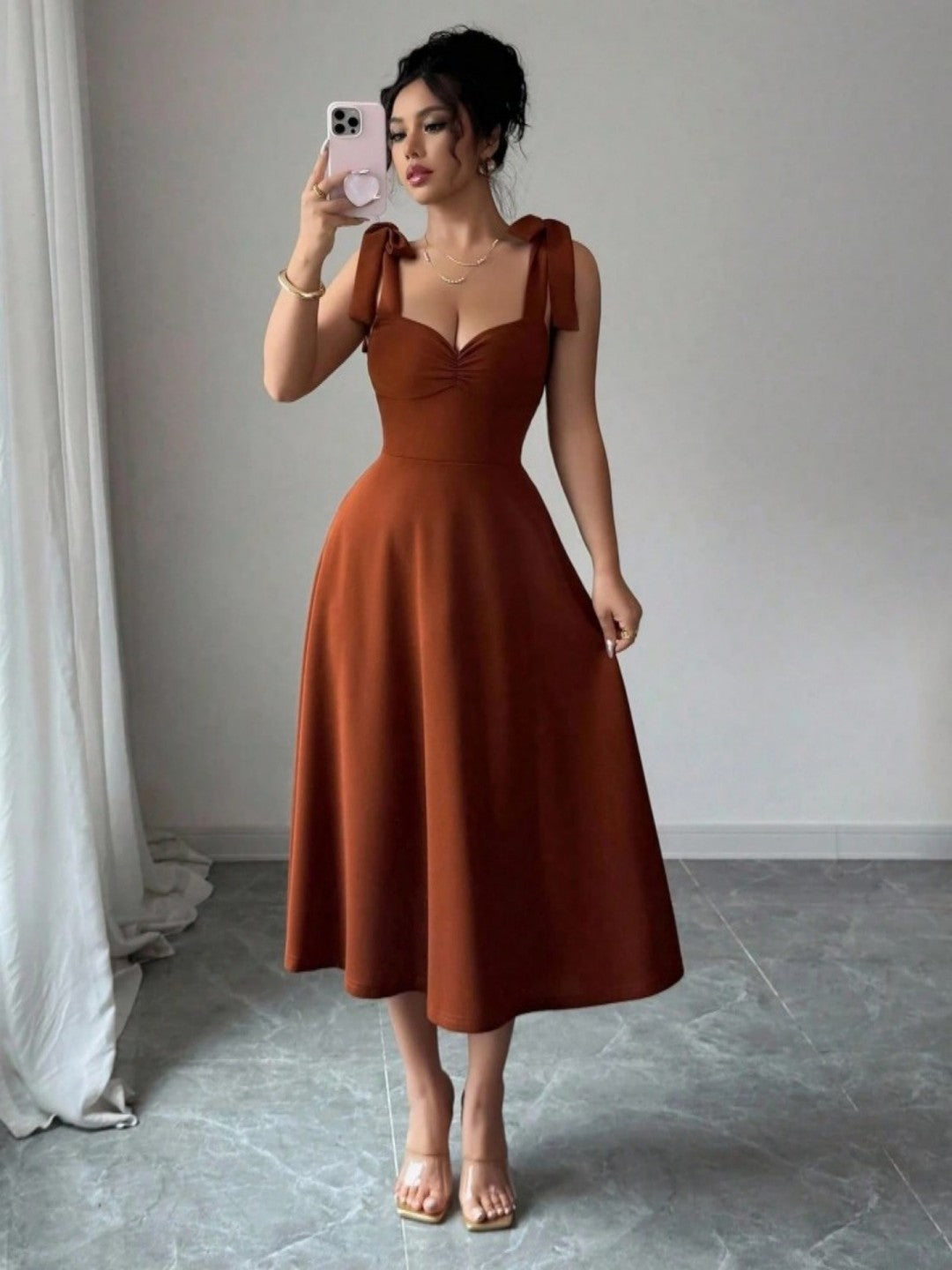 Spring Summer Solid Color Tied Dress Waist Slimming Elegant Graceful Maxi Dress